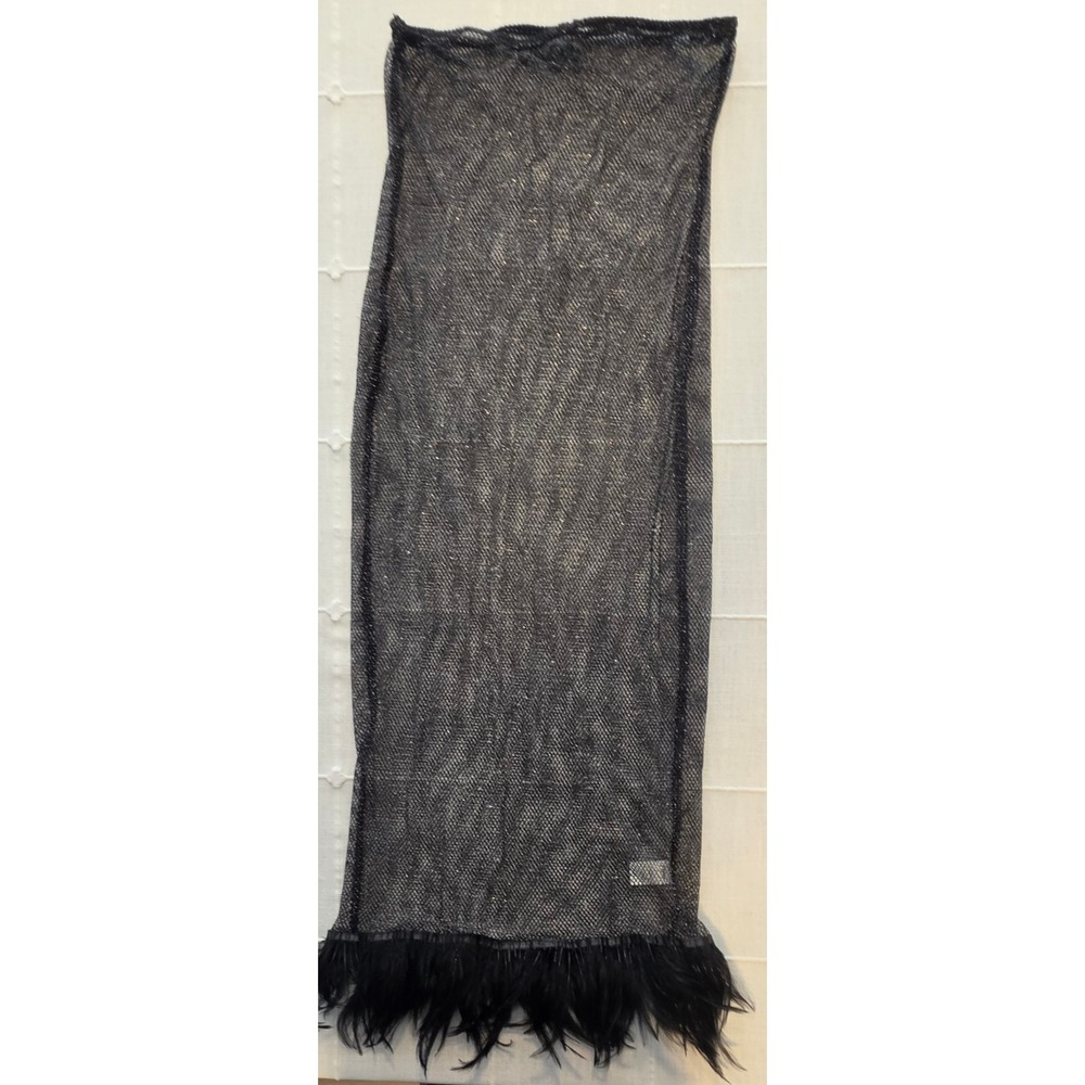 Finesse Black Metallic Mesh Maxi Skirt Feather Trim Sheer Sparkle Party Large